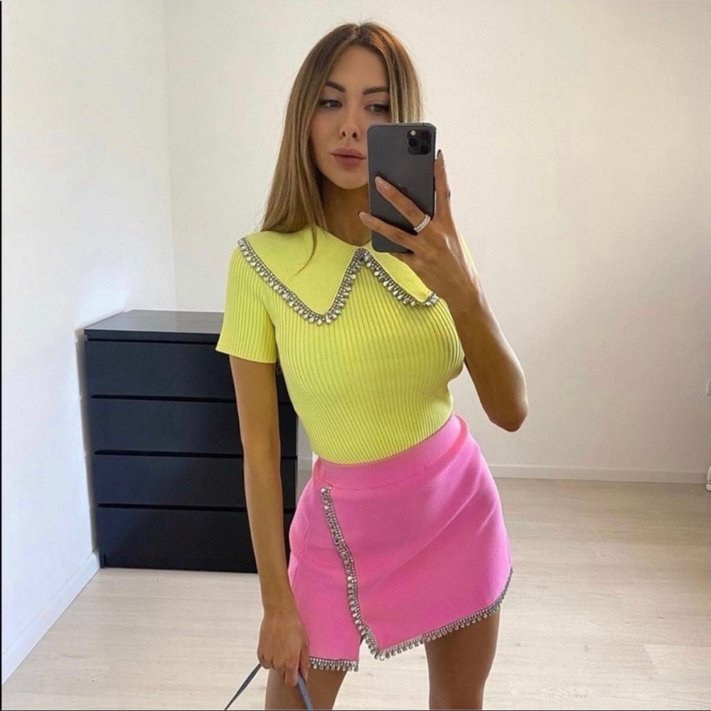 ZARA BLOGGER Lime Crystal Rhinestone Jewel Peter Pan Collar Ribbed Knit Top M